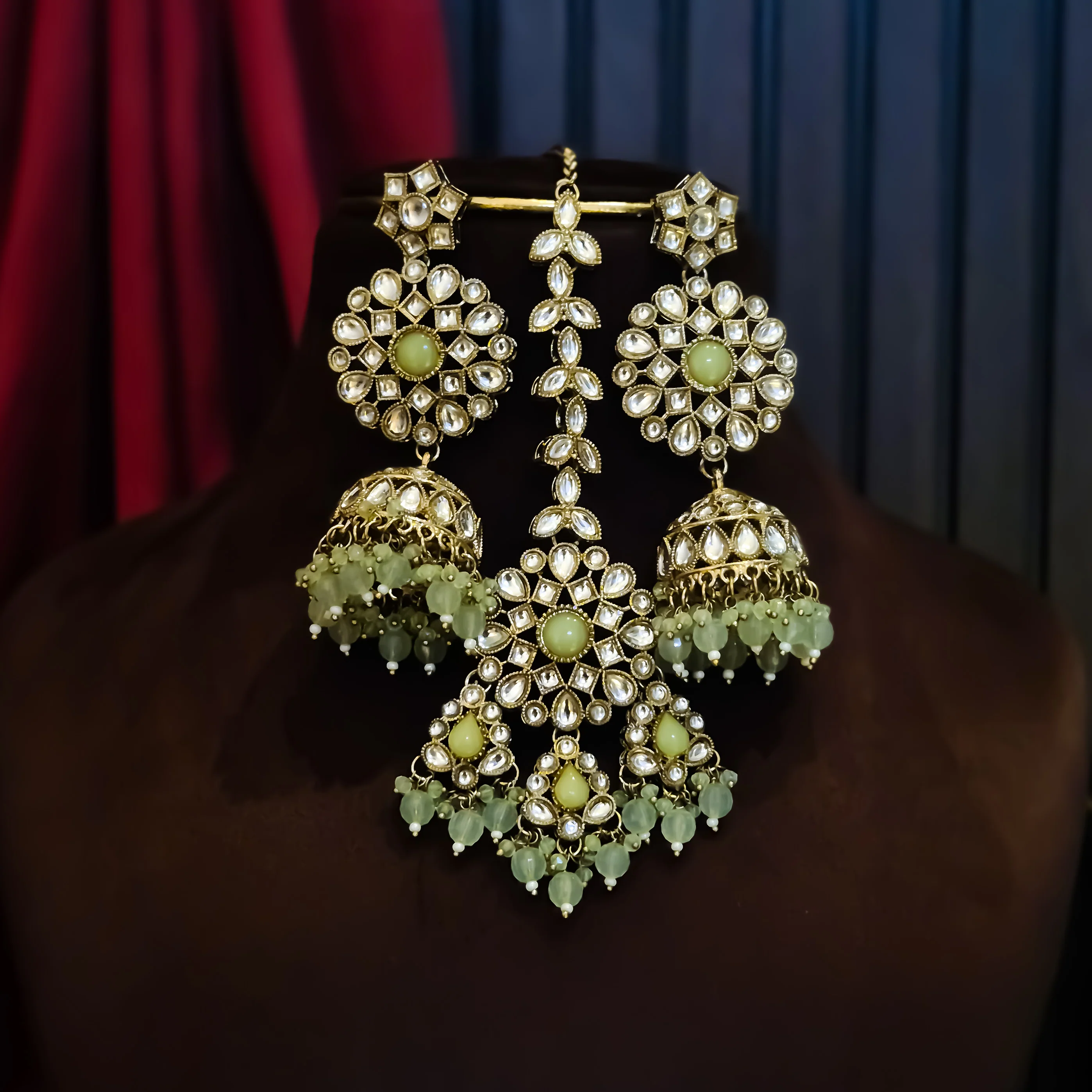 Shabana Premium Kundan Pearl Choker Necklace Set - Mint Green - Image 3