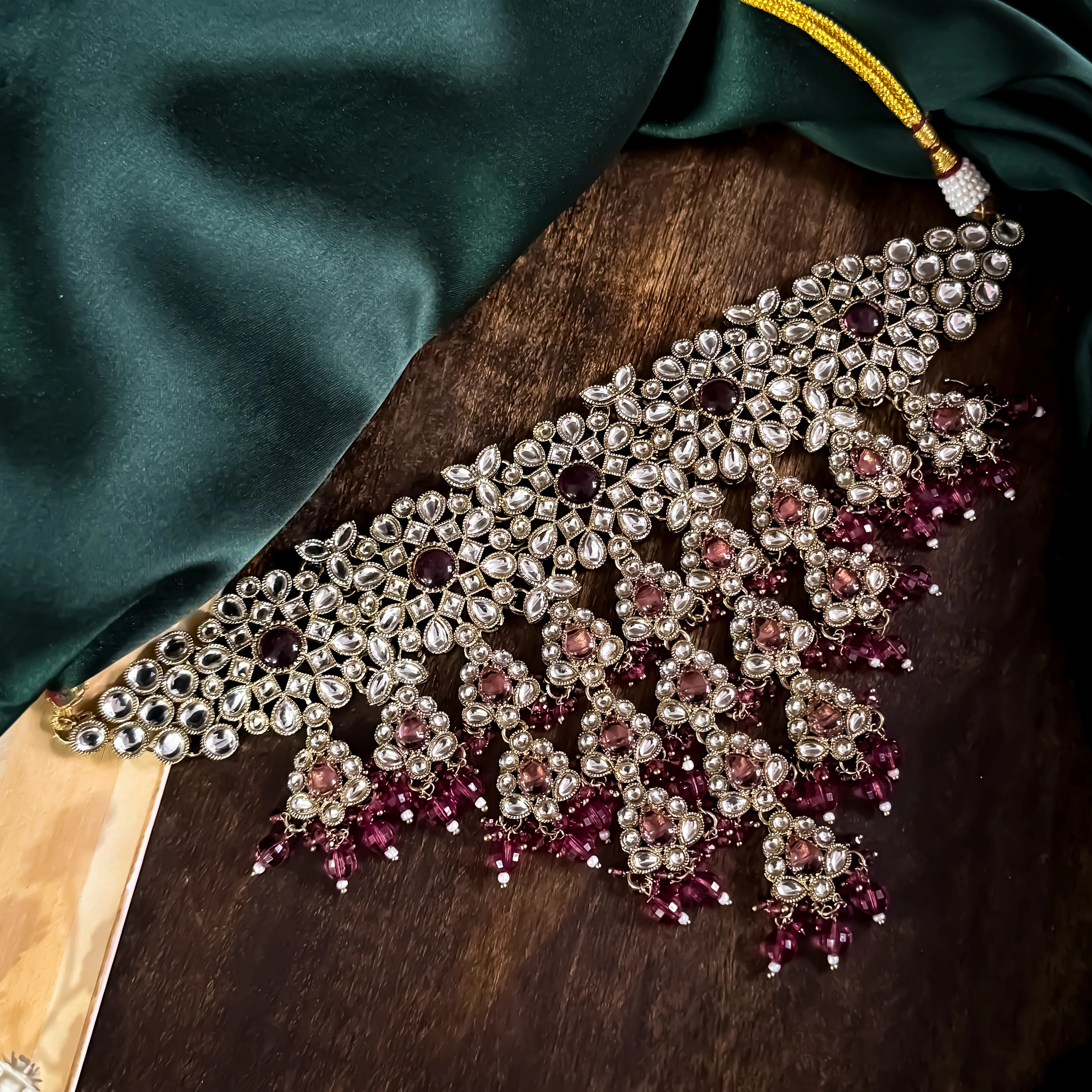 Shabana Premium Kundan Pearl Choker Necklace Set - Wine - Image 4