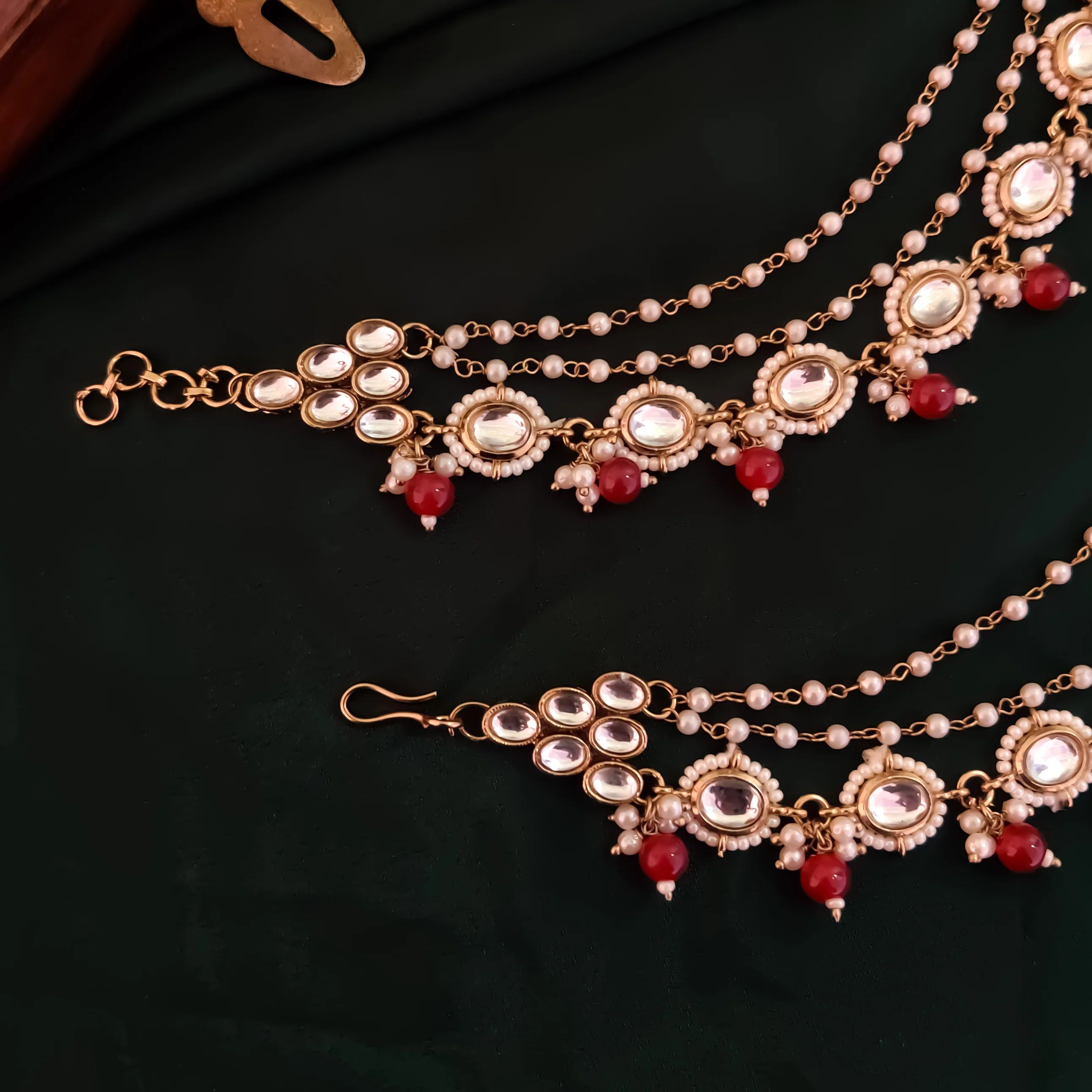 Shagun Kundan Detachable Earchains - Maroon - Image 3
