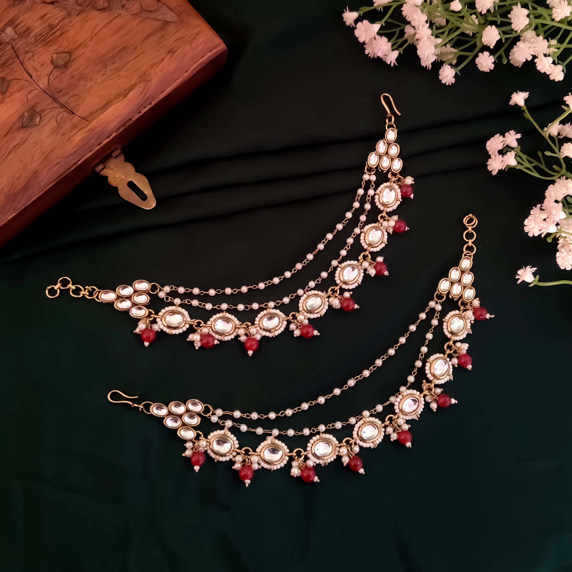 Shagun Kundan Detachable Earchains - Maroon - Image 4