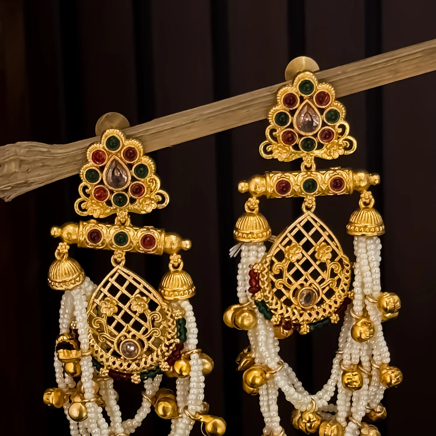 Shambhavi Premium Kashmiri Brass Pearl Chandbali Earrings -Pink & Green - Image 2