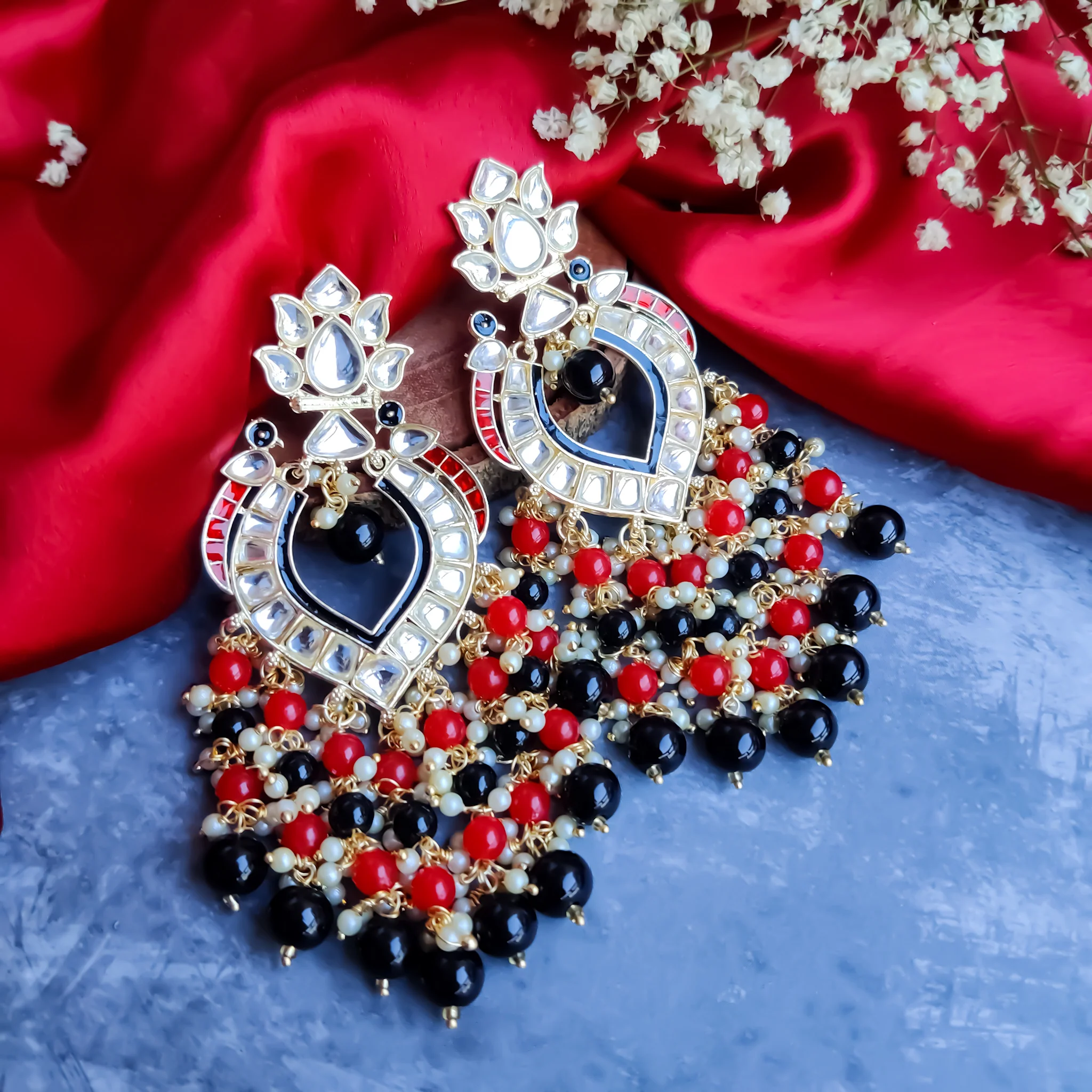 Shanaya Pearl Drop Chandbali Earrings - Red & Black - Image 3