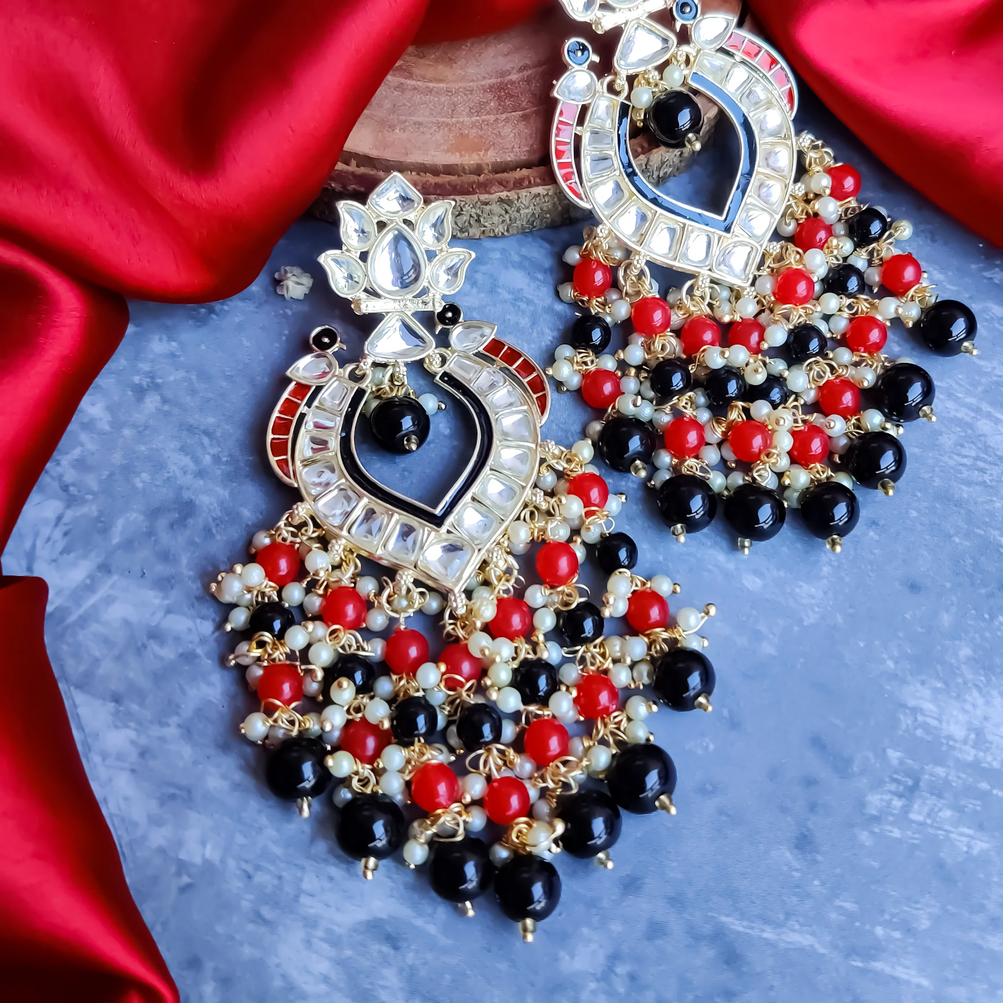 Shanaya Pearl Drop Chandbali Earrings - Red & Black - Image 4