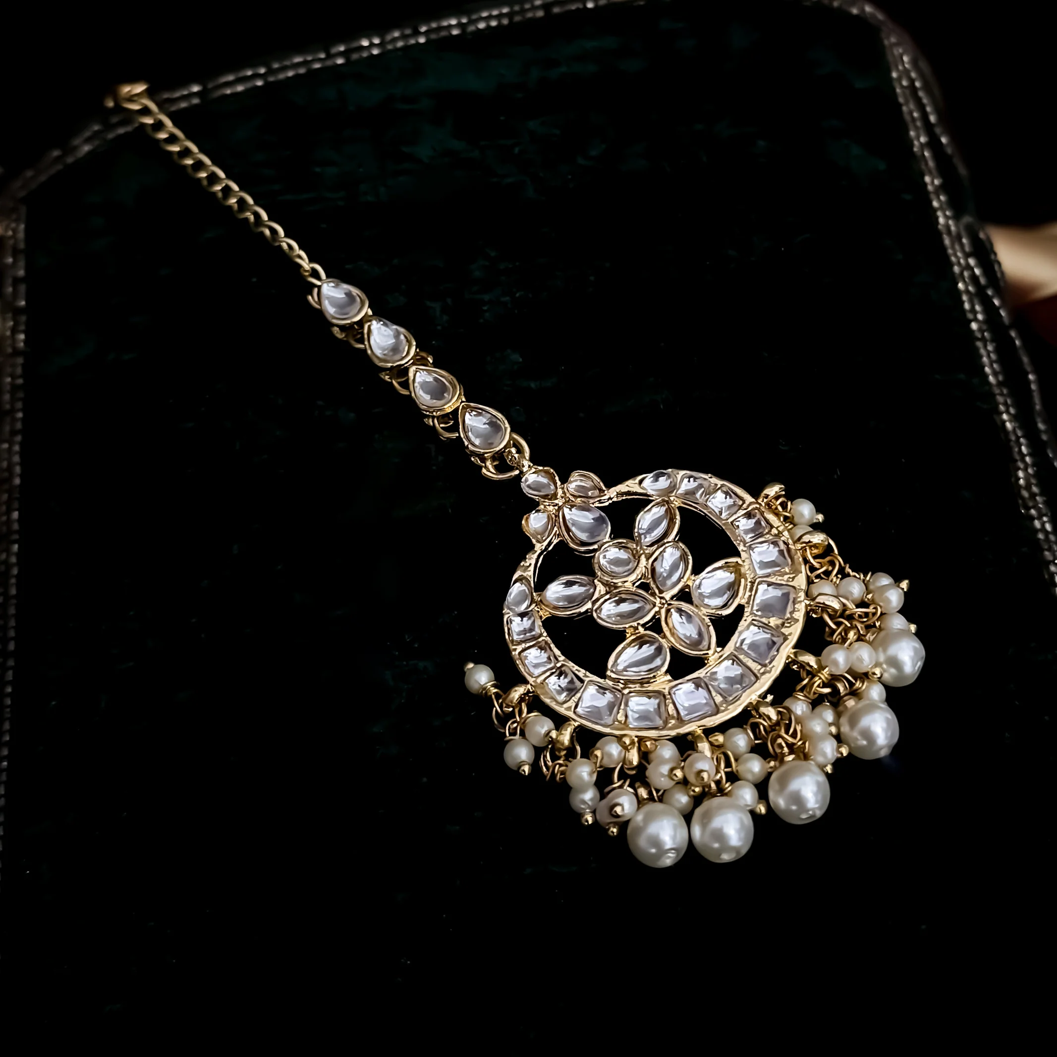 Shivnidhi Kundan Pearl Maang Teeka - Golden - Image 2