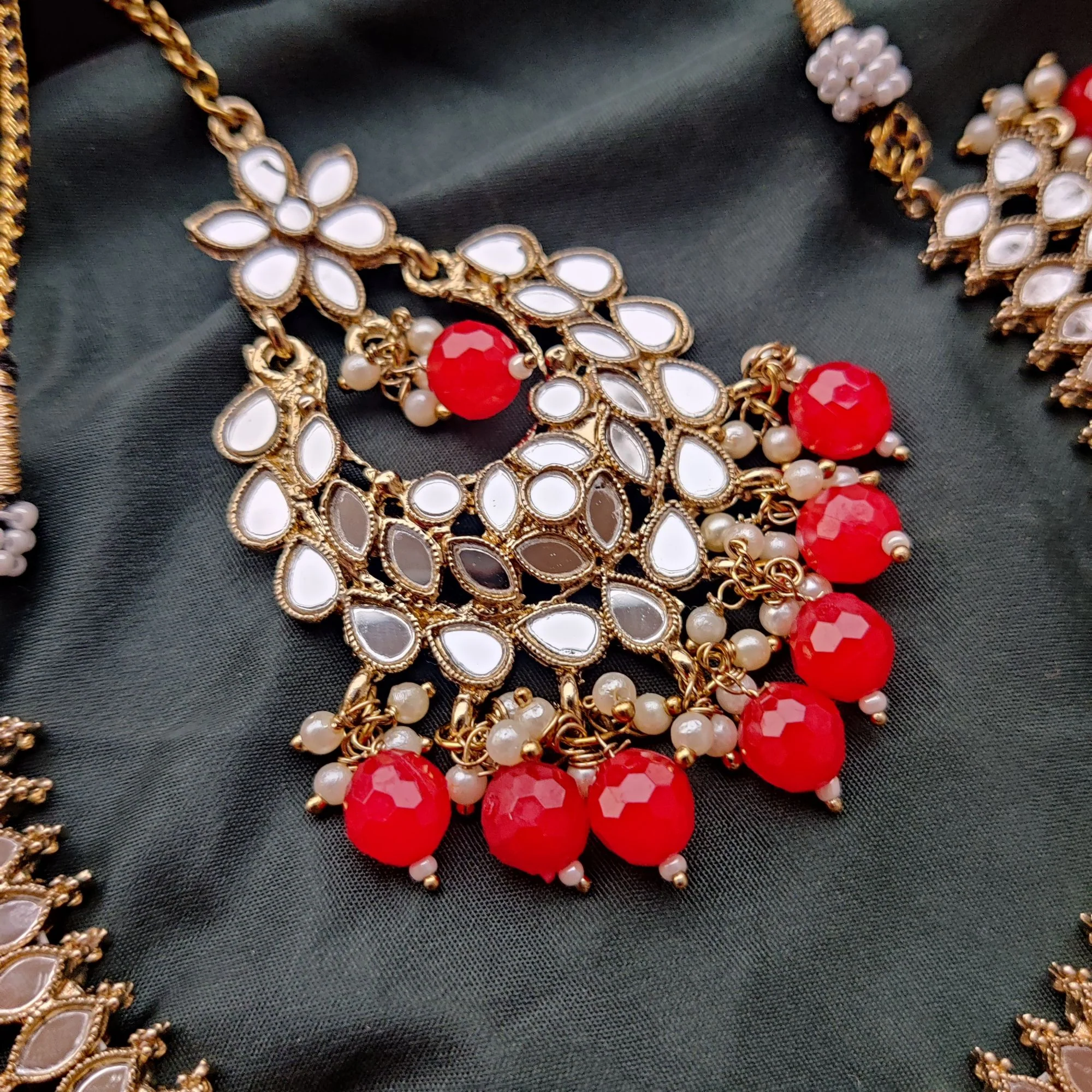 Shrishti Mirror Pearl Necklace Set - Red - Image 5