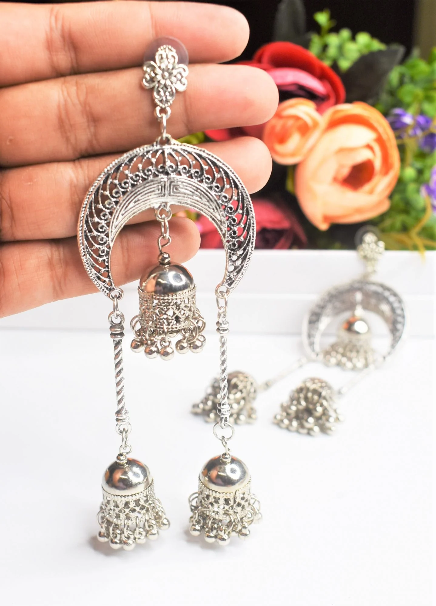 Triple Silver Jhumka Oxidised Earring - Image 3