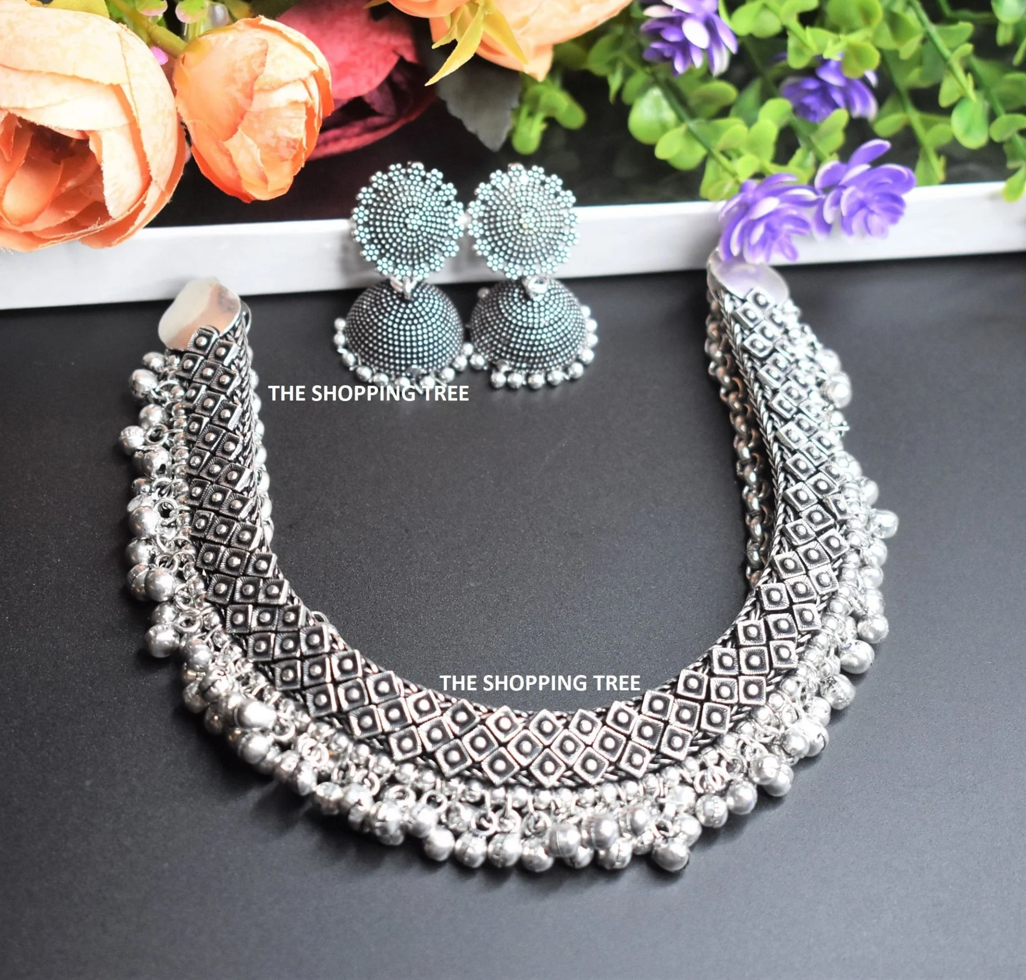 Silver Ghunghroo  Oxidised Necklace Set - Image 3