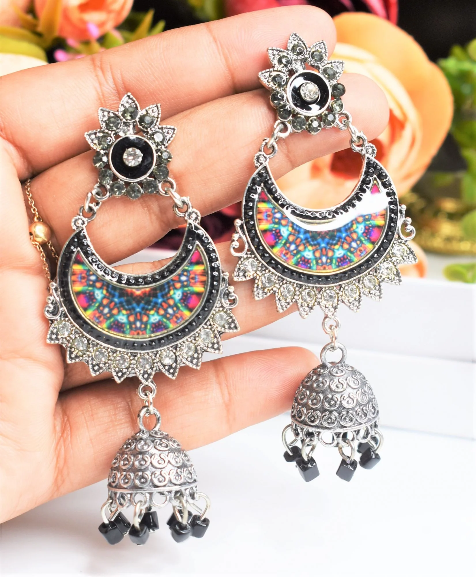 Silver Graphic  Oxidised Jhumka Earring - Image 4