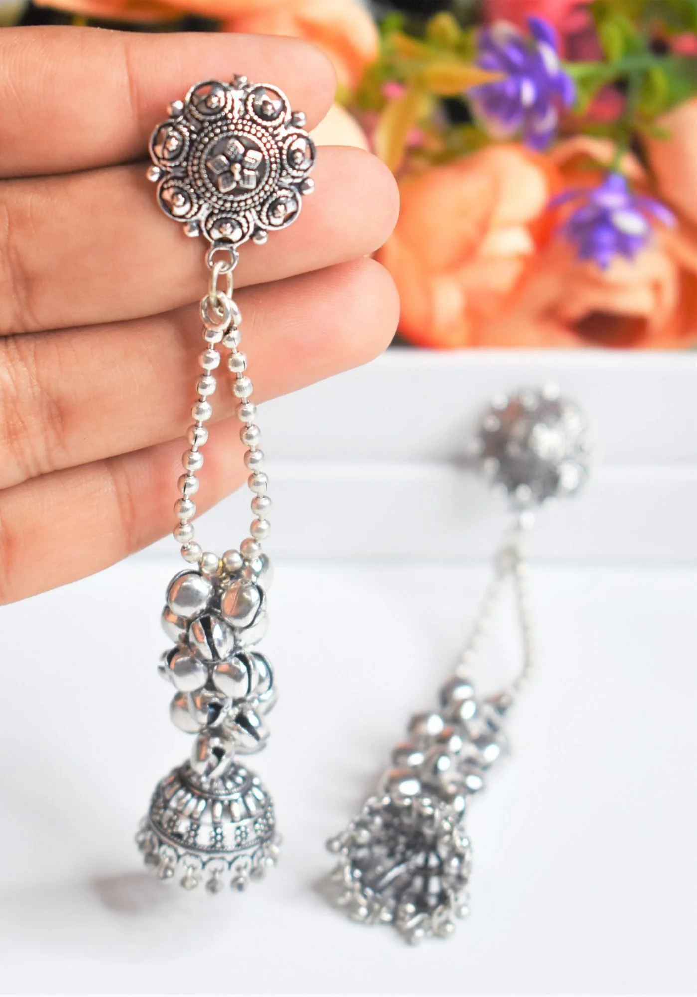Silver GS Ghungroo Oxidised Jhumka Earrings - Image 3