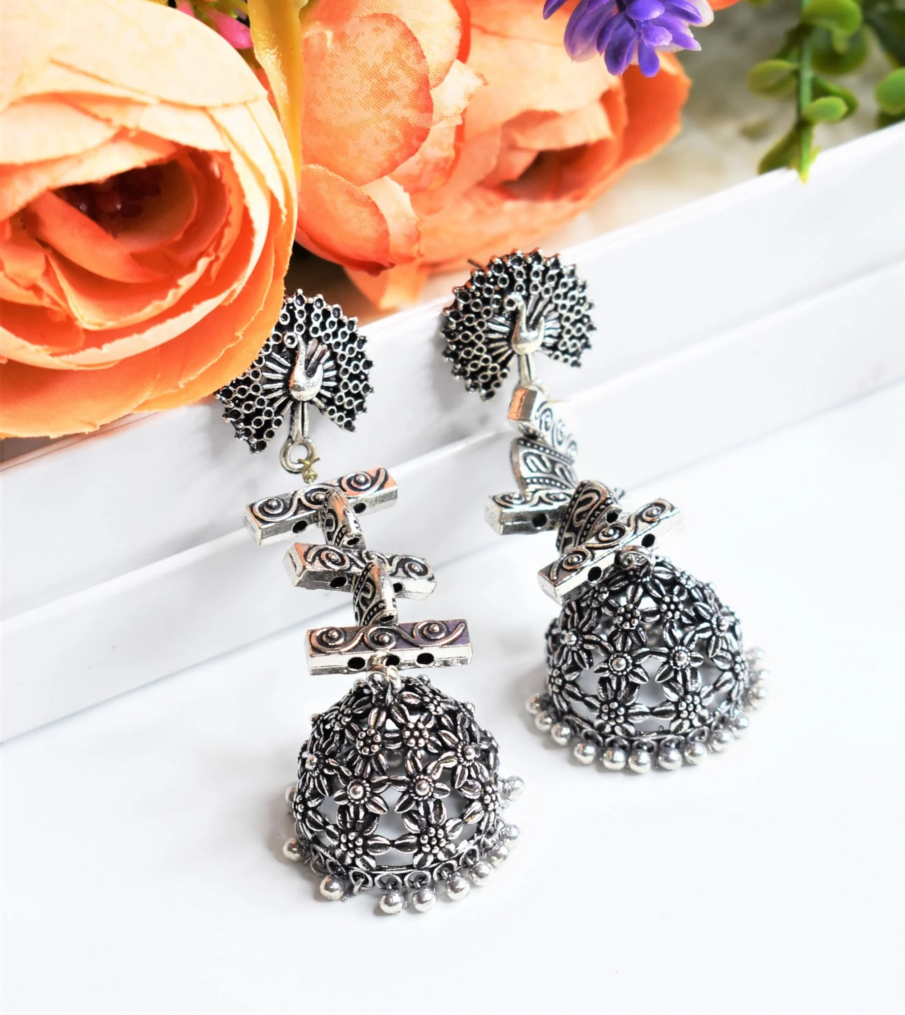 Peacock Stud Embellished Oxidised Jhumka Earring - Image 3
