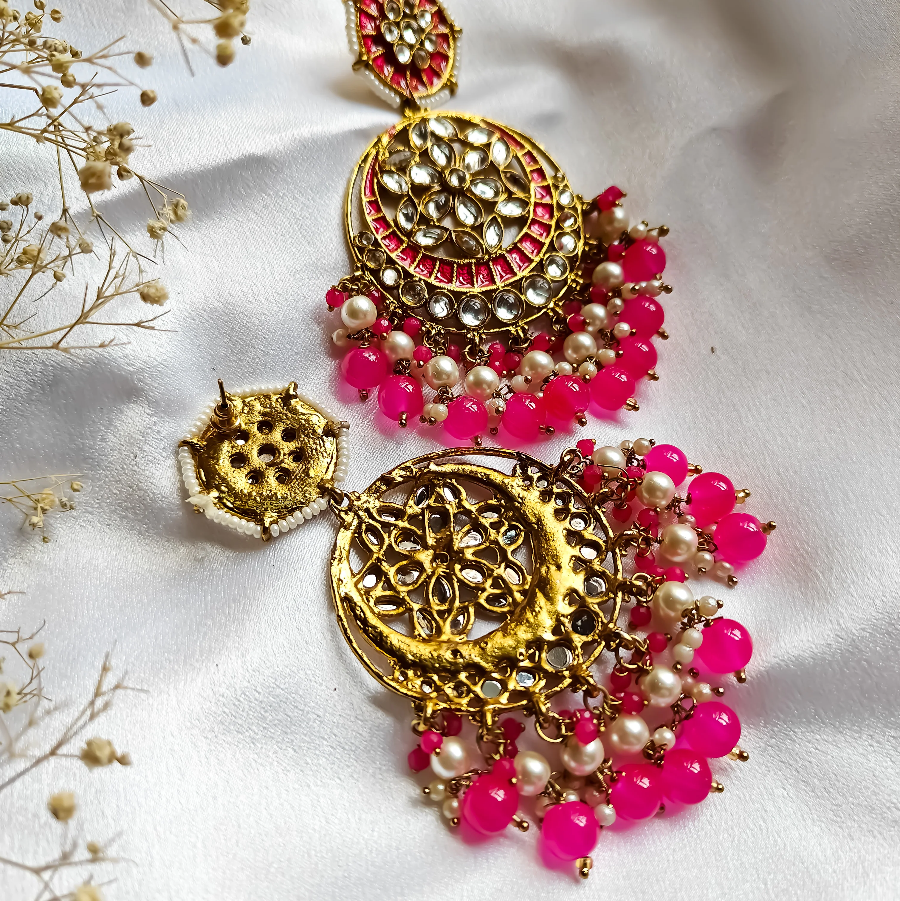 Siya Meenakari Chandbali Earrings- Hot Pink - Image 3