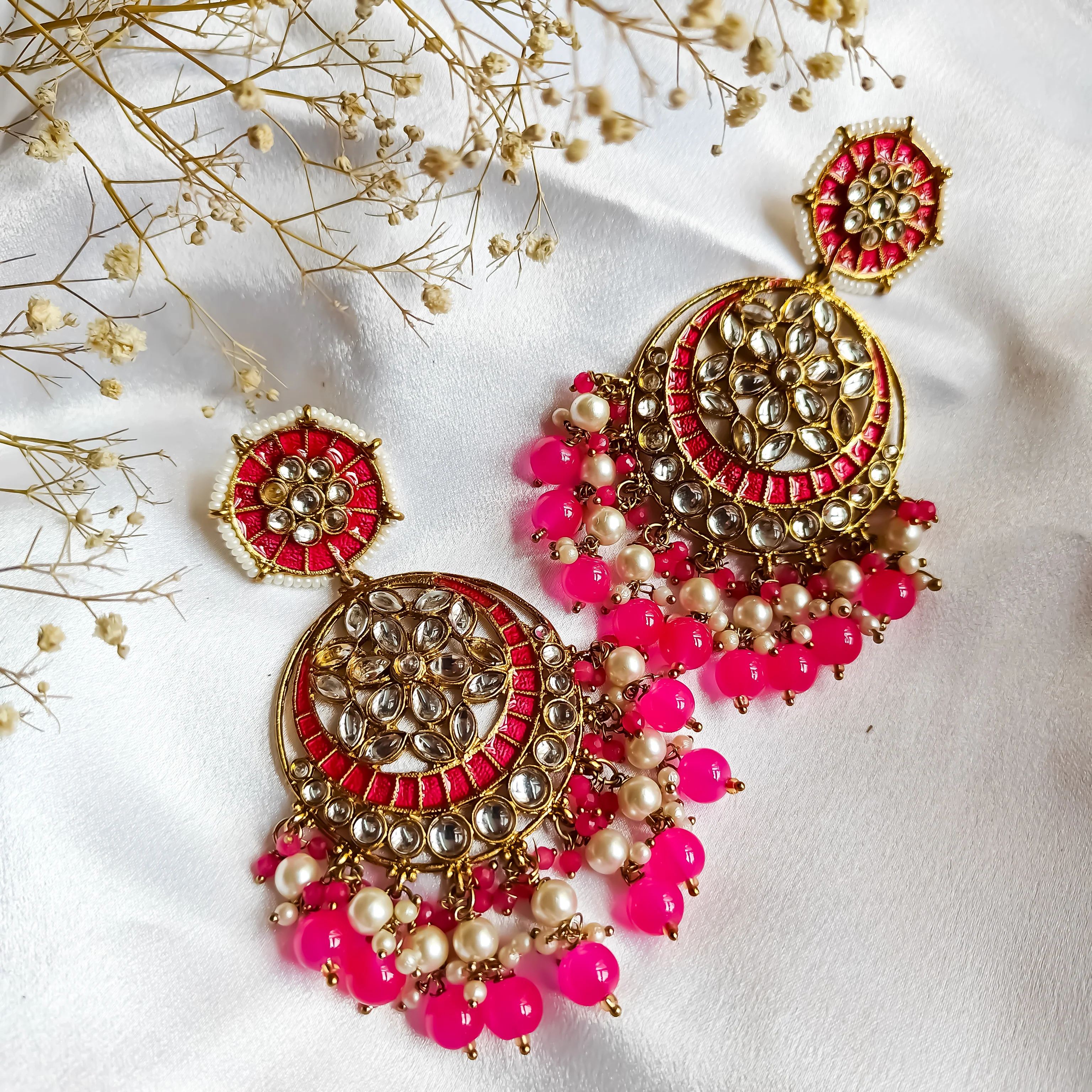 Siya Meenakari Chandbali Earrings- Hot Pink - Image 4