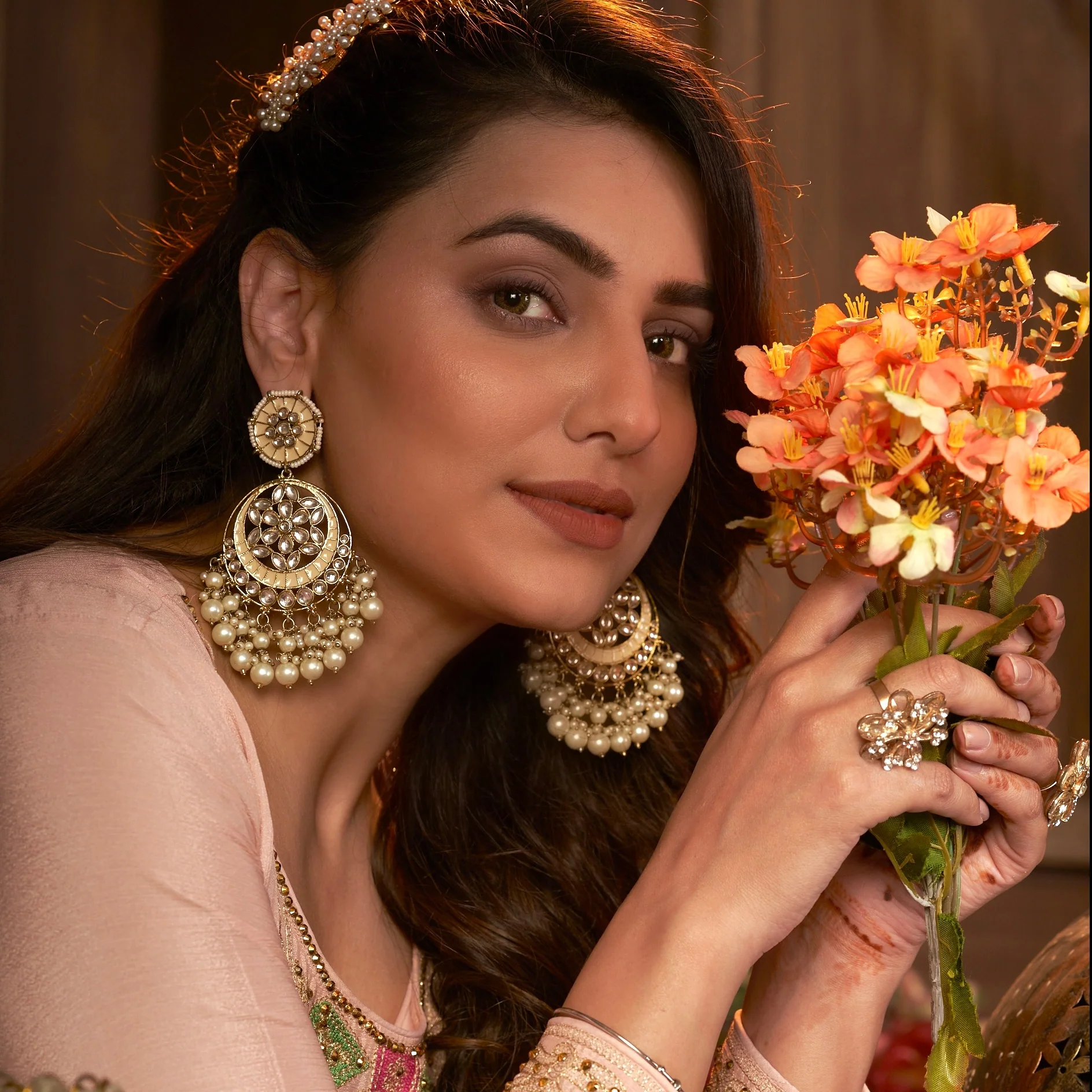 Siya Meenakari Chandbali Earrings  - Golden - Image 6