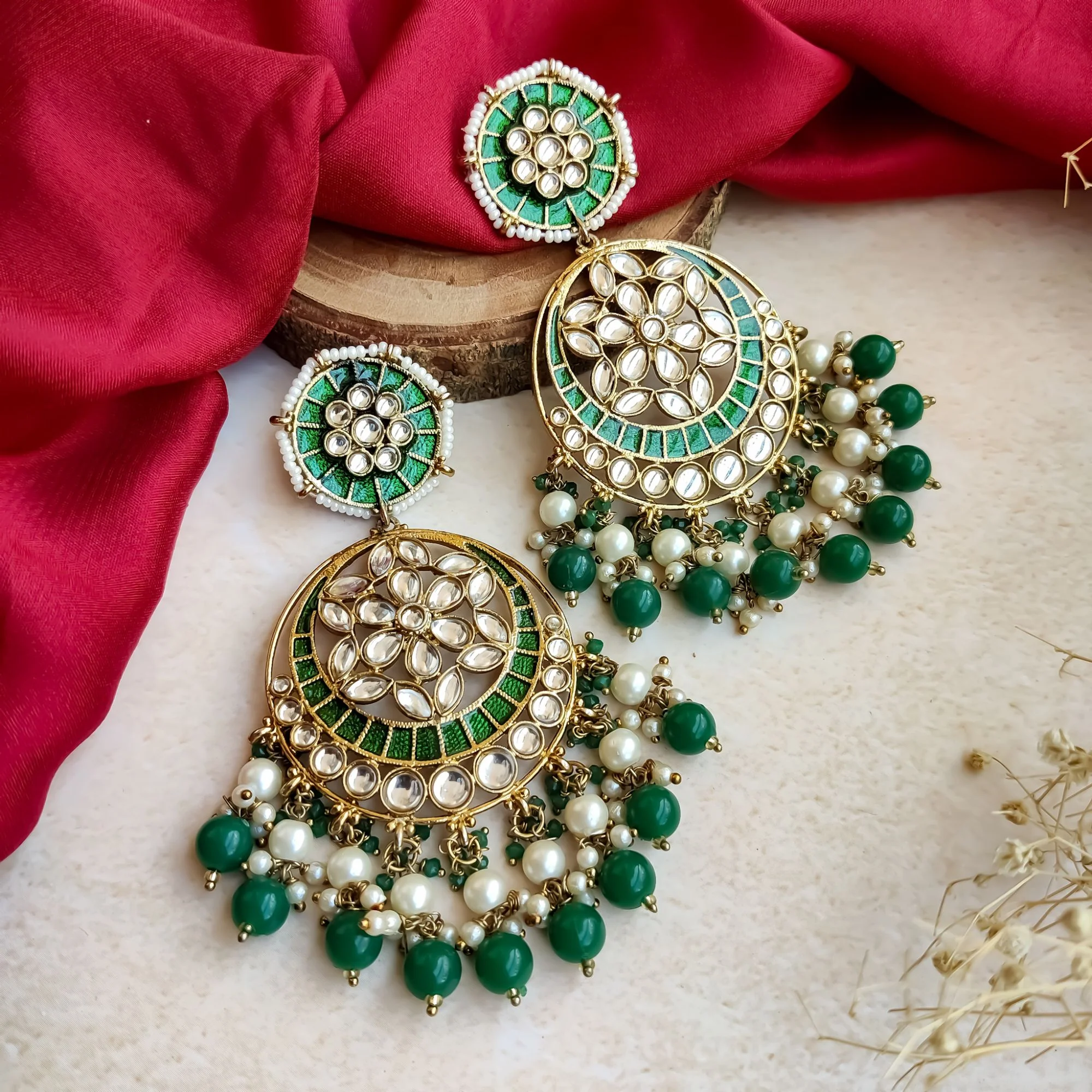 Siya Meenakari Chandbali Earrings  - Green - Image 3