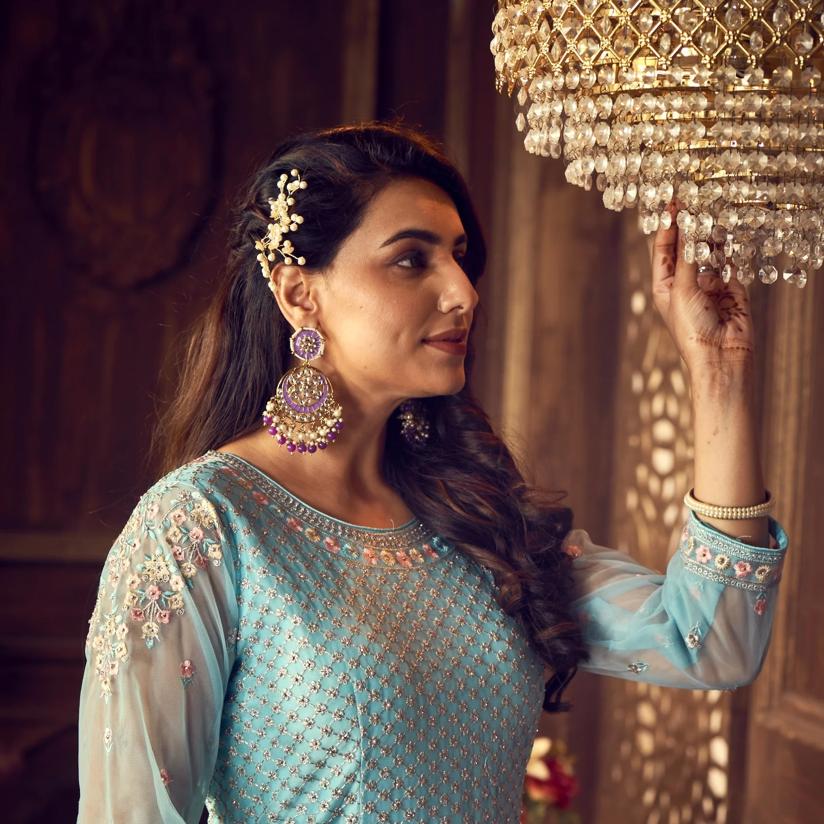 Siya Meenakari Chandbali Earrings  - Purple - Image 3