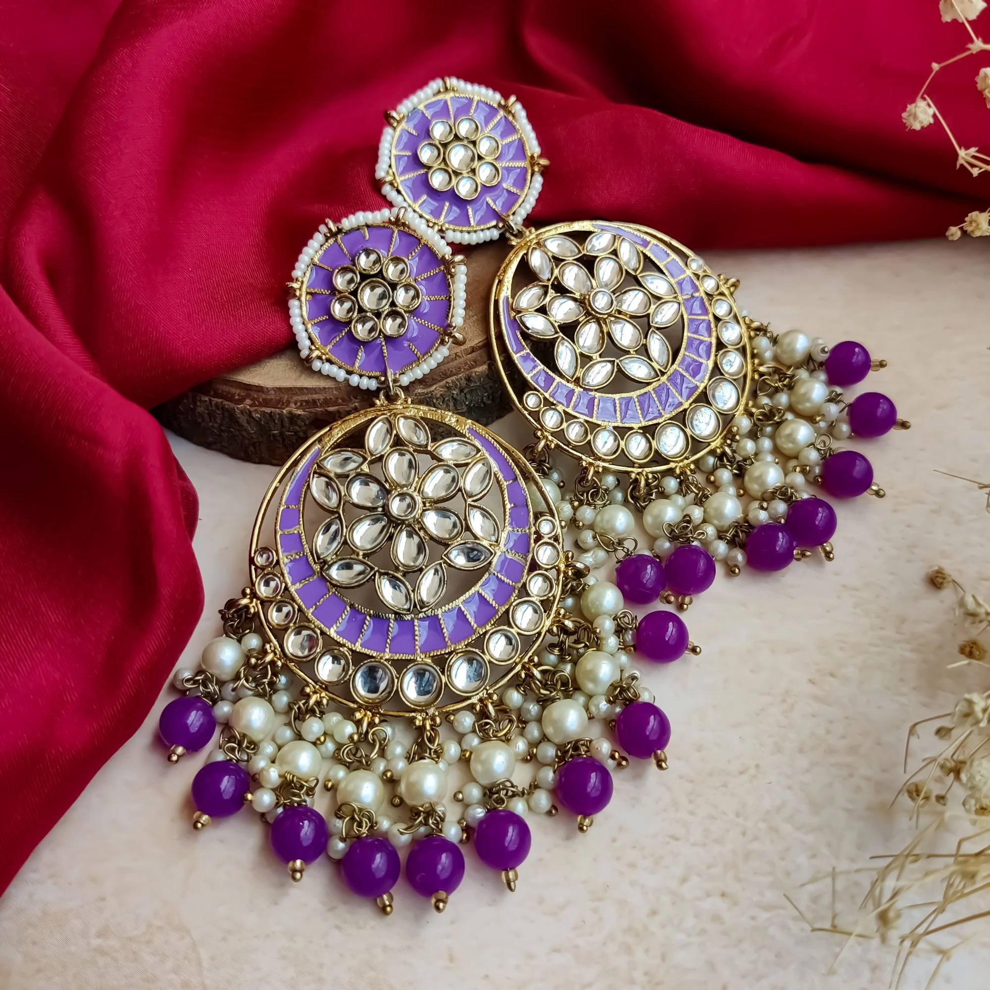 Siya Meenakari Chandbali Earrings  - Purple - Image 4