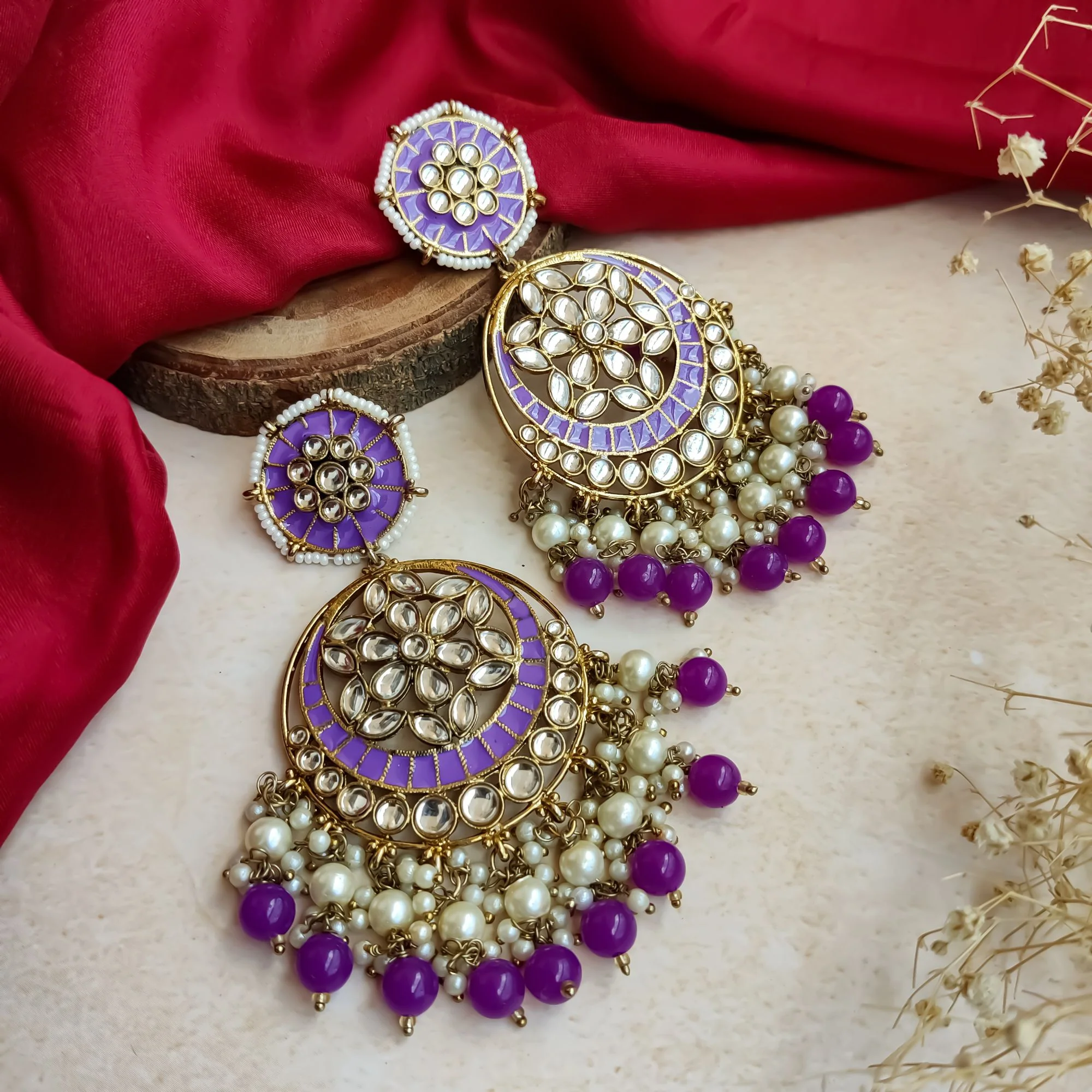 Siya Meenakari Chandbali Earrings  - Purple - Image 5