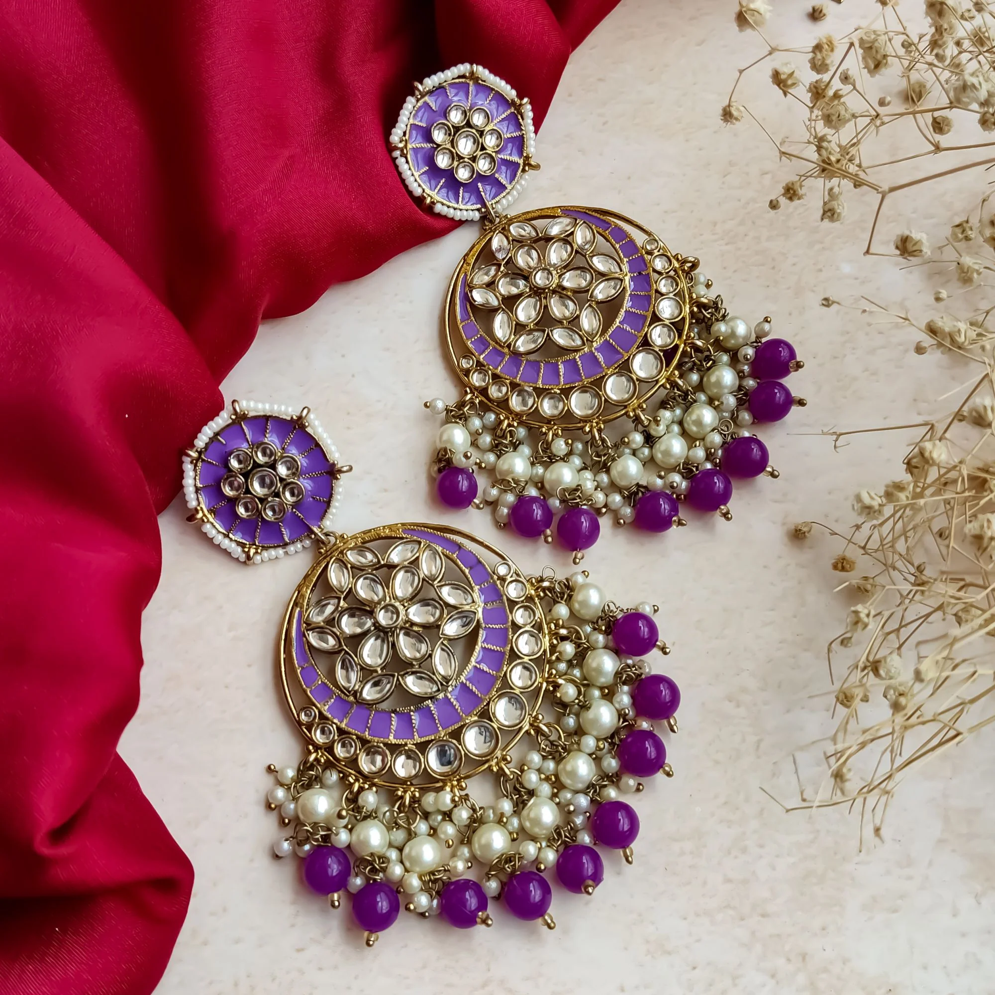 Siya Meenakari Chandbali Earrings  - Purple - Image 6