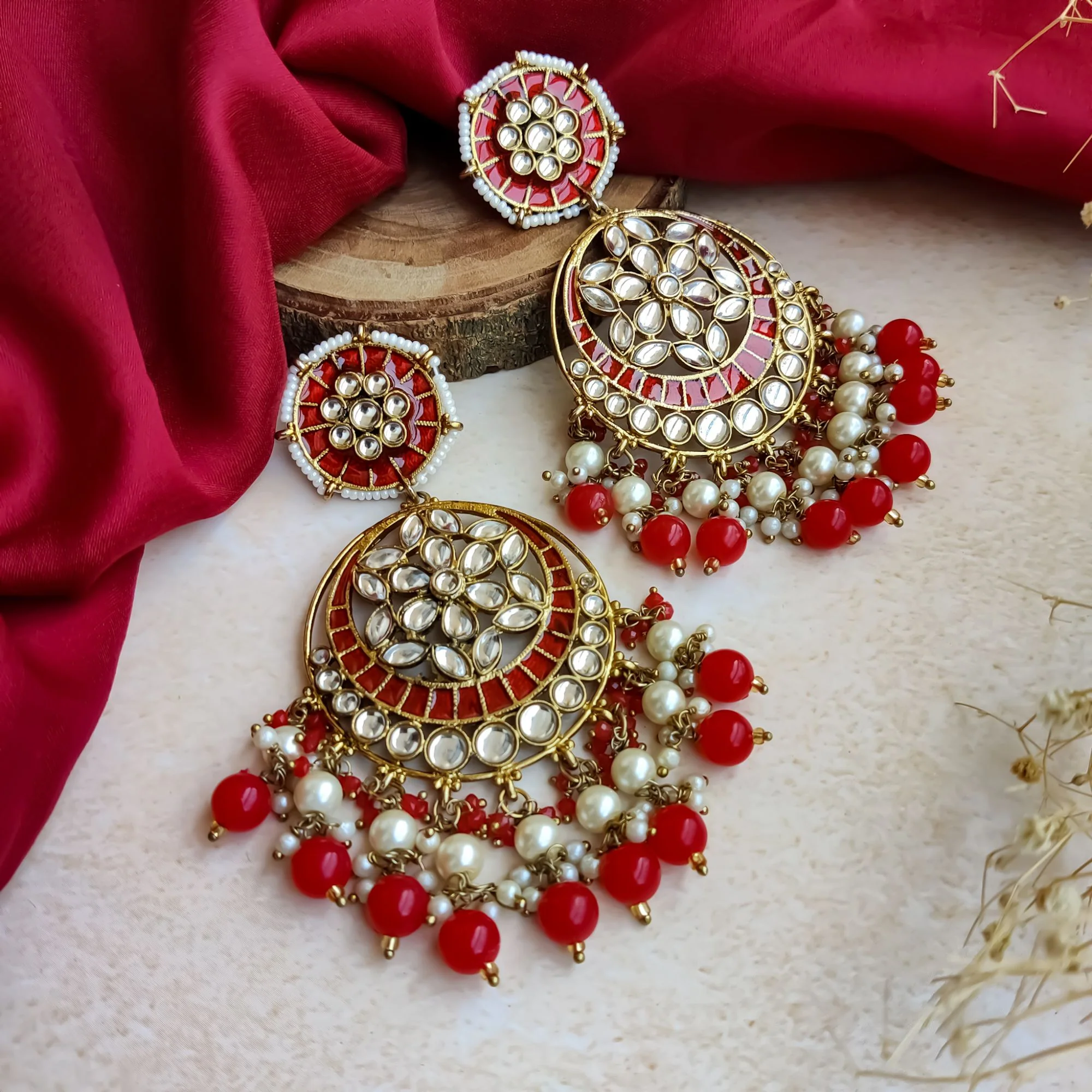 Siya Meenakari Chandbali Earrings  - Red - Image 3