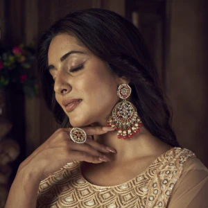 Siya Meenakari Chandbali Earrings  - Red - Image 4
