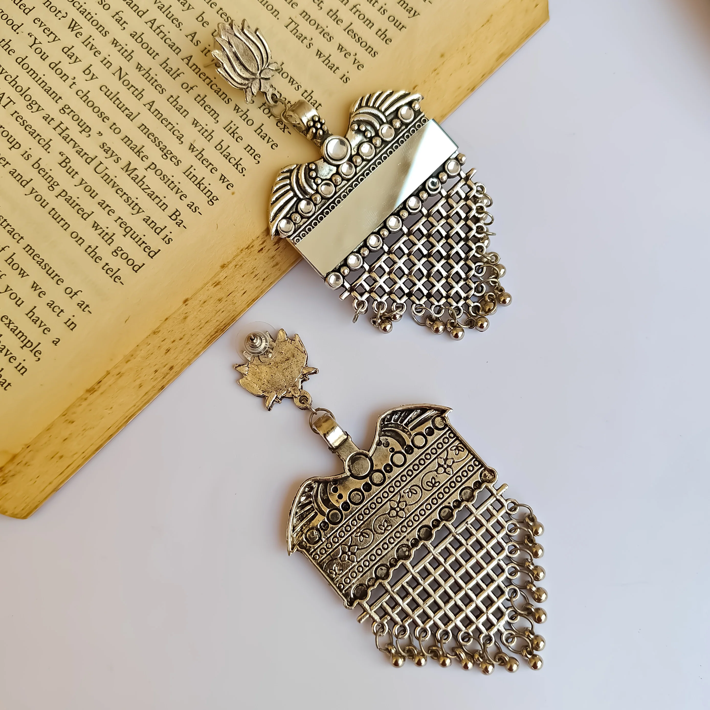 Lotus Mirror Silver Oxidised Dangler Earrings - Image 3