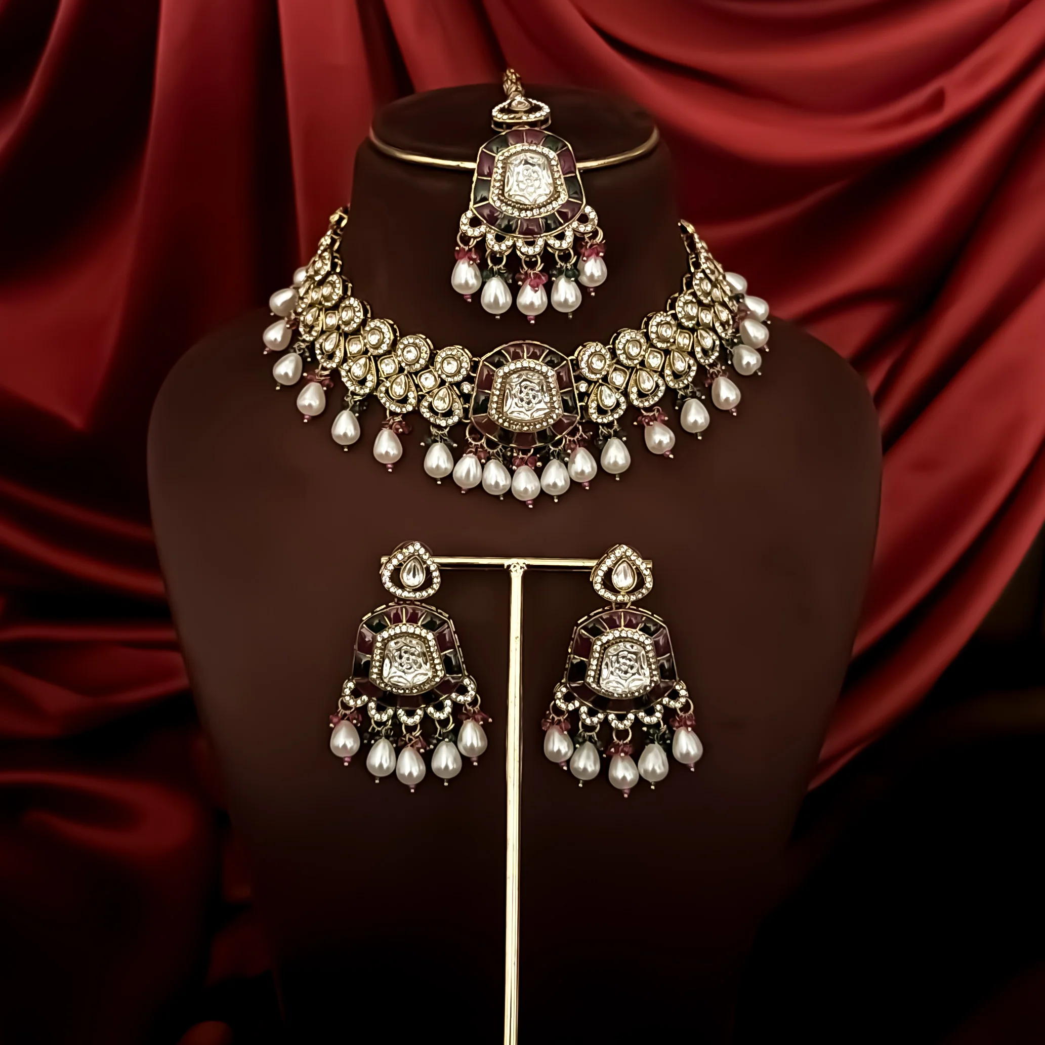 Tanishka Polki Premium Necklace Set - Pink & Green - Image 2