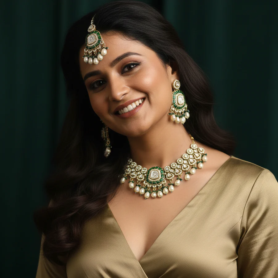 Tanishka Polki Premium Necklace Set - Green