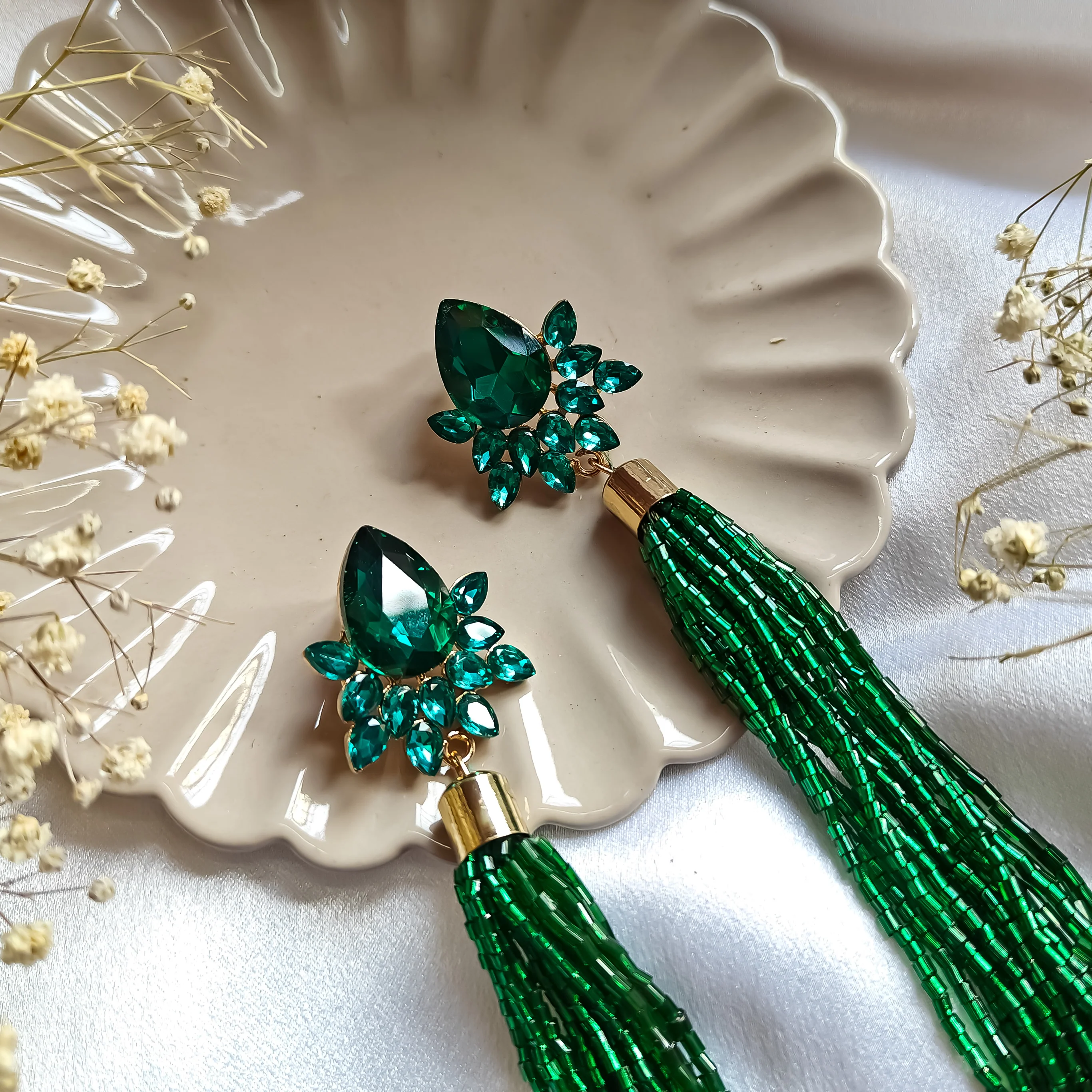 Tina Crystal Tassle Earrings Green - Image 2