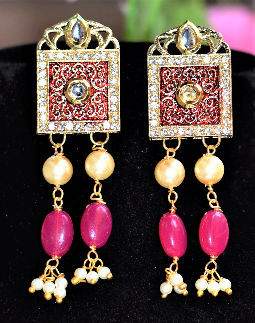 Long Rani Har Red Pearl Necklace Set - Image 3