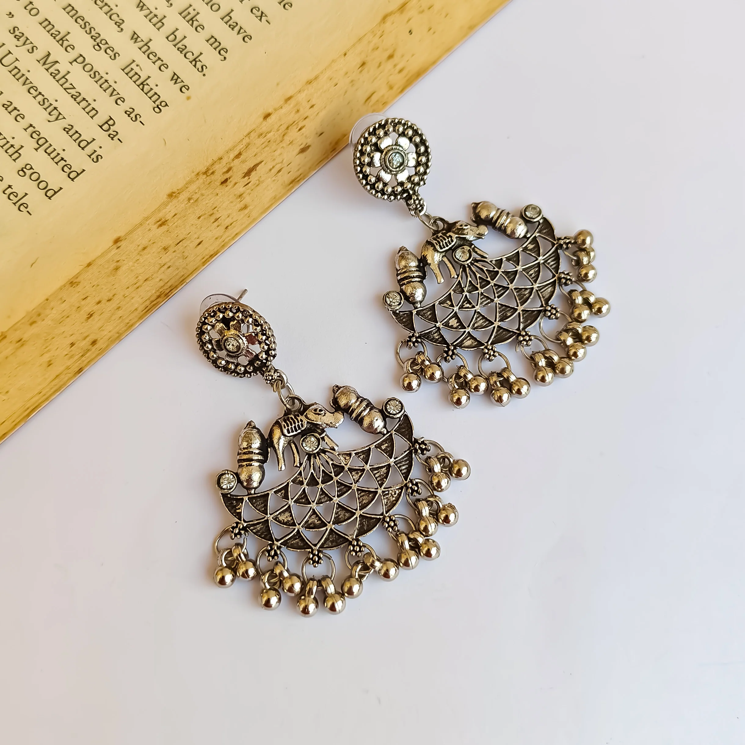 Suyash Elephant Motif Silver Oxidised Earrings - Image 3