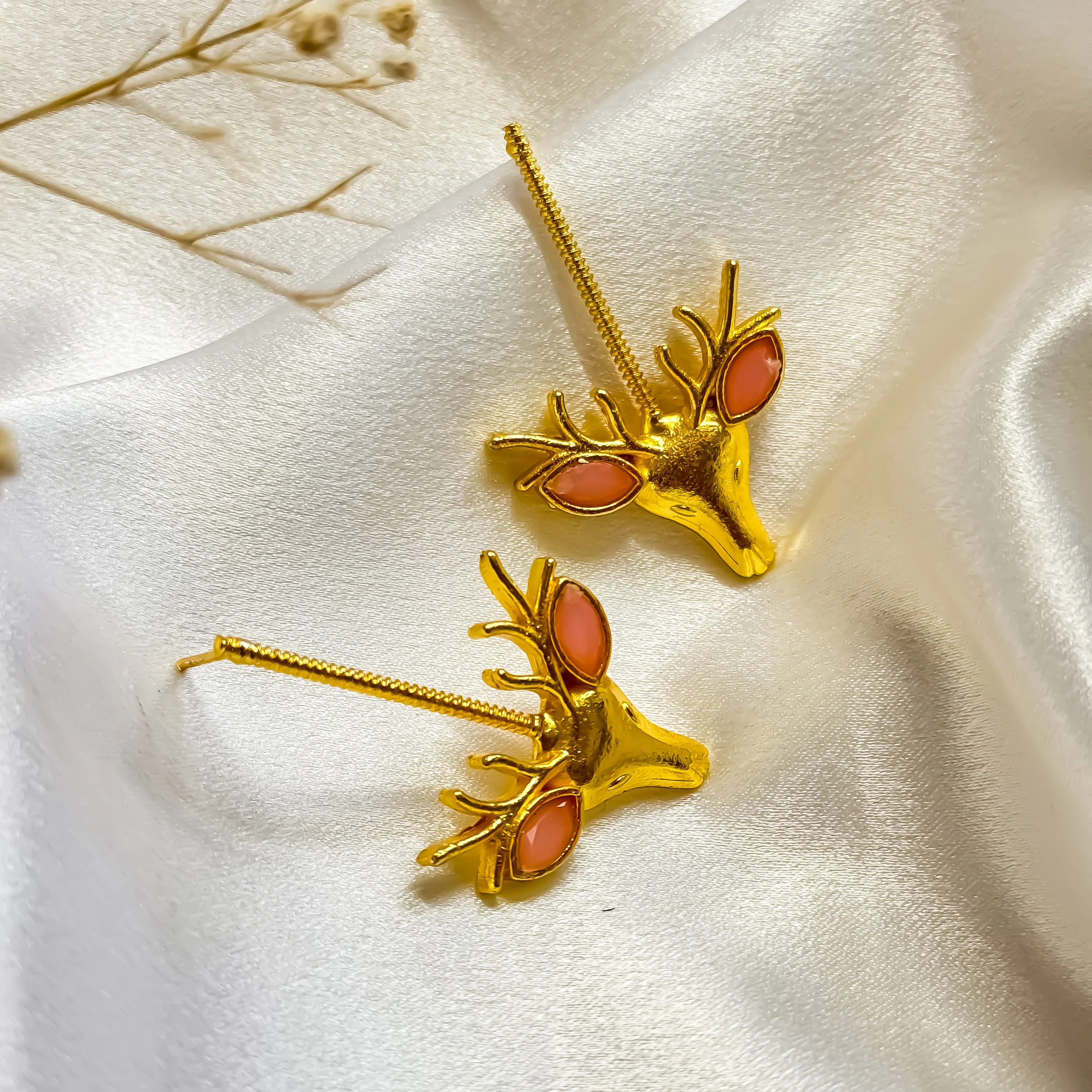 Unique Raindeer Handcrafted Brass Earrings- Pastel Pink - Image 3