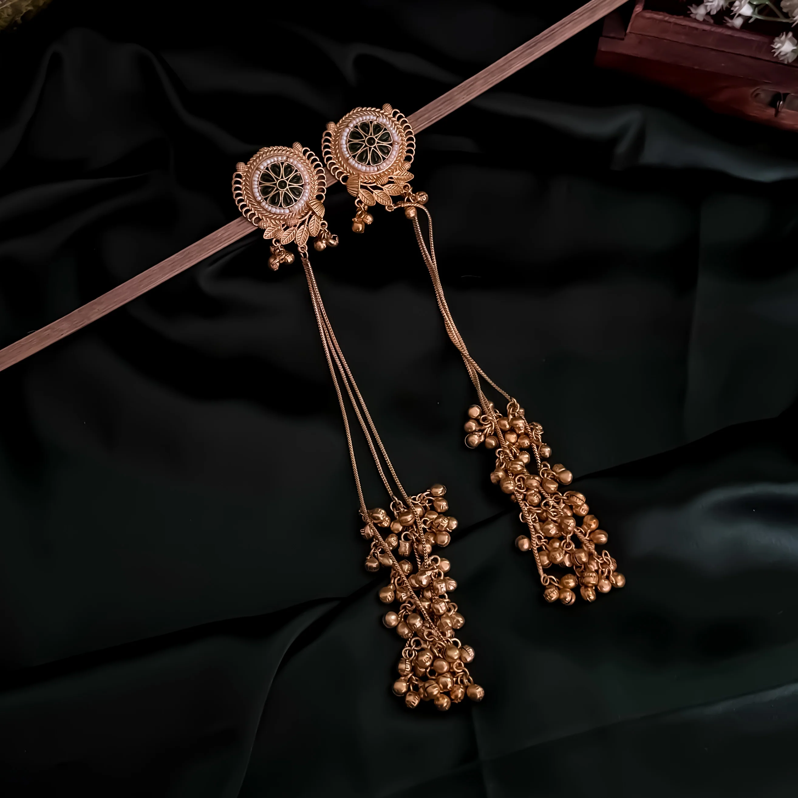 Unnati Premium Kashmiri Brass Dejhoor Ghungroo Earrings - Golden & Green - Image 2