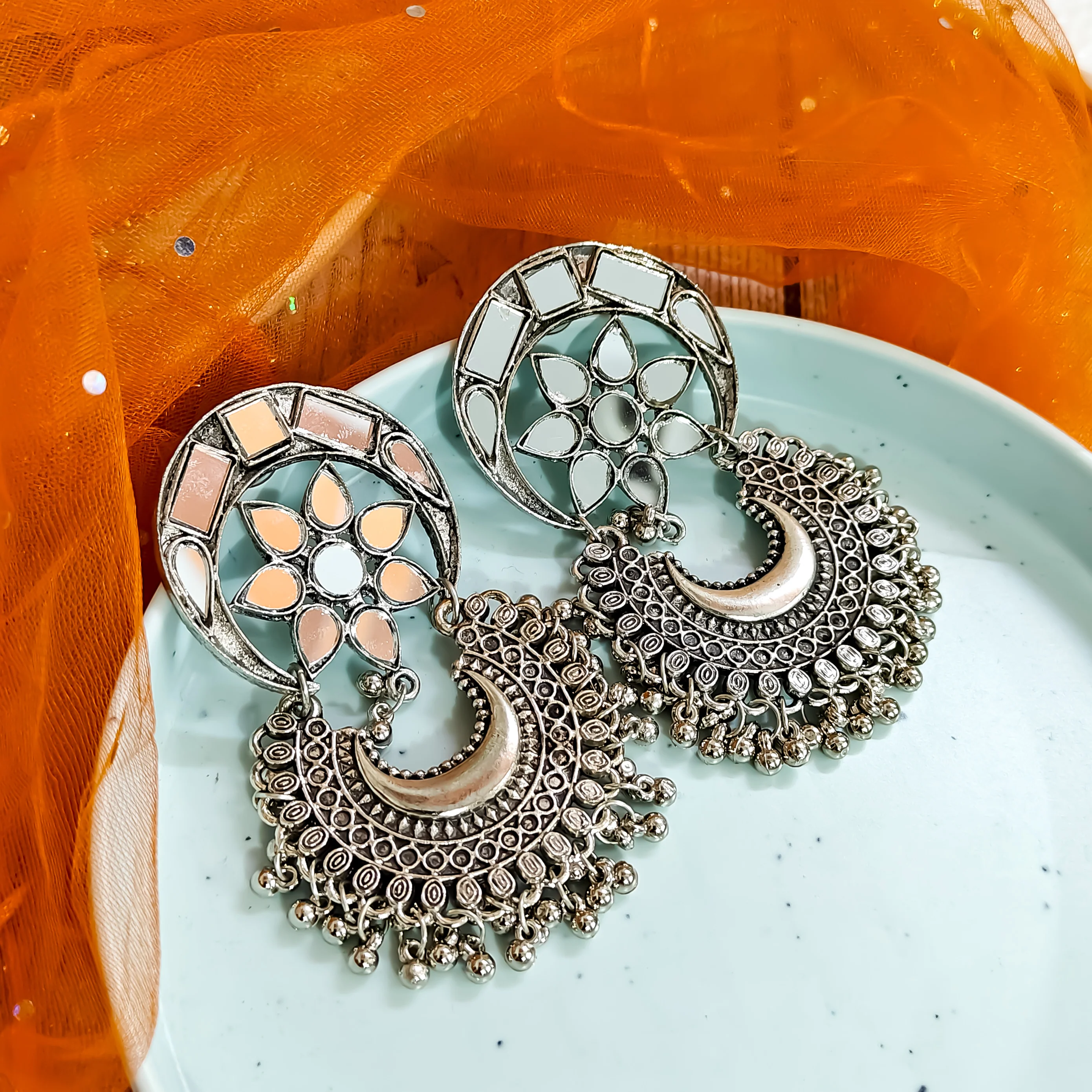 Seena Mirror Oxidised Silver Chandbali Earrings - Image 3