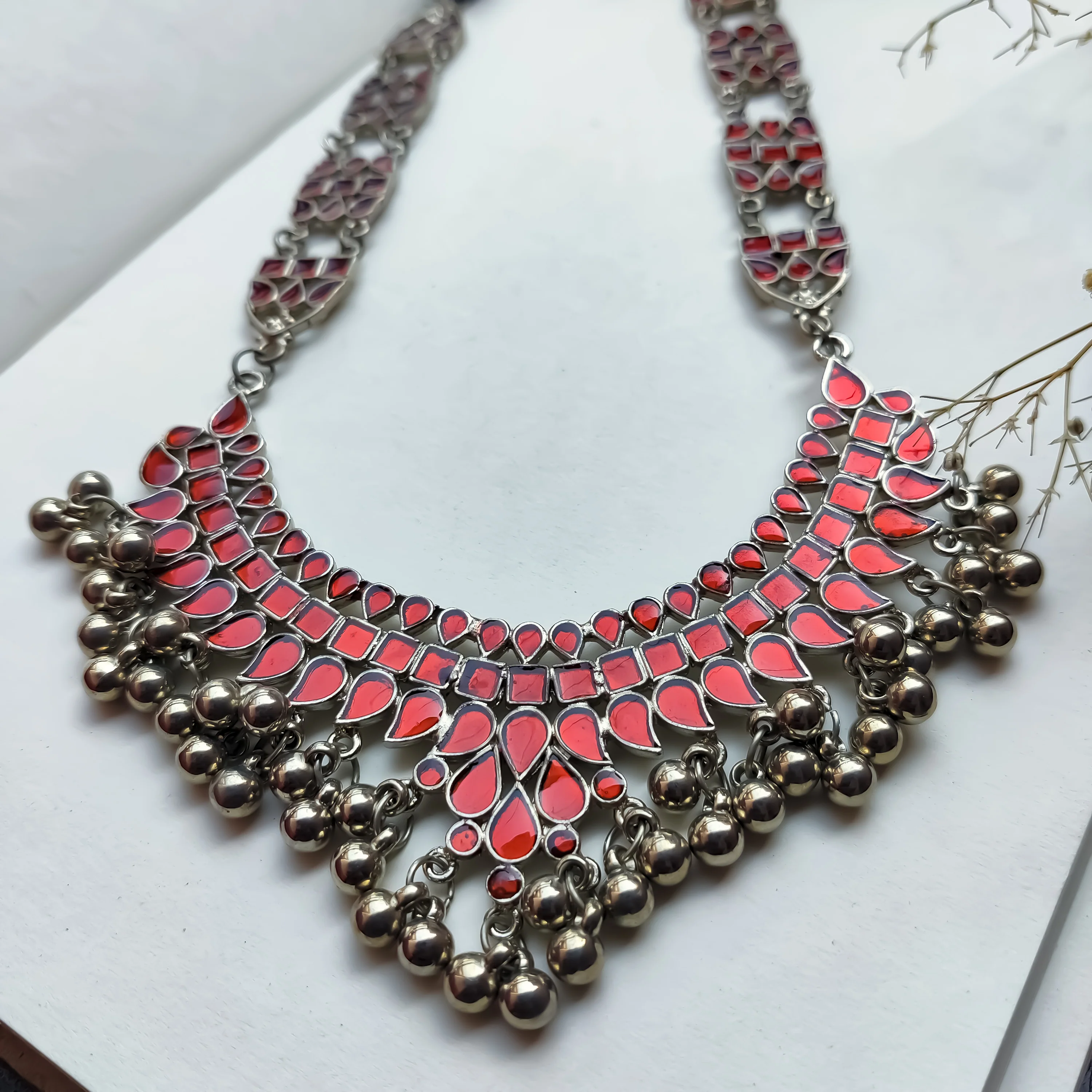 Red Afghani Oxidised Necklace with Silver Pearls - Image 3