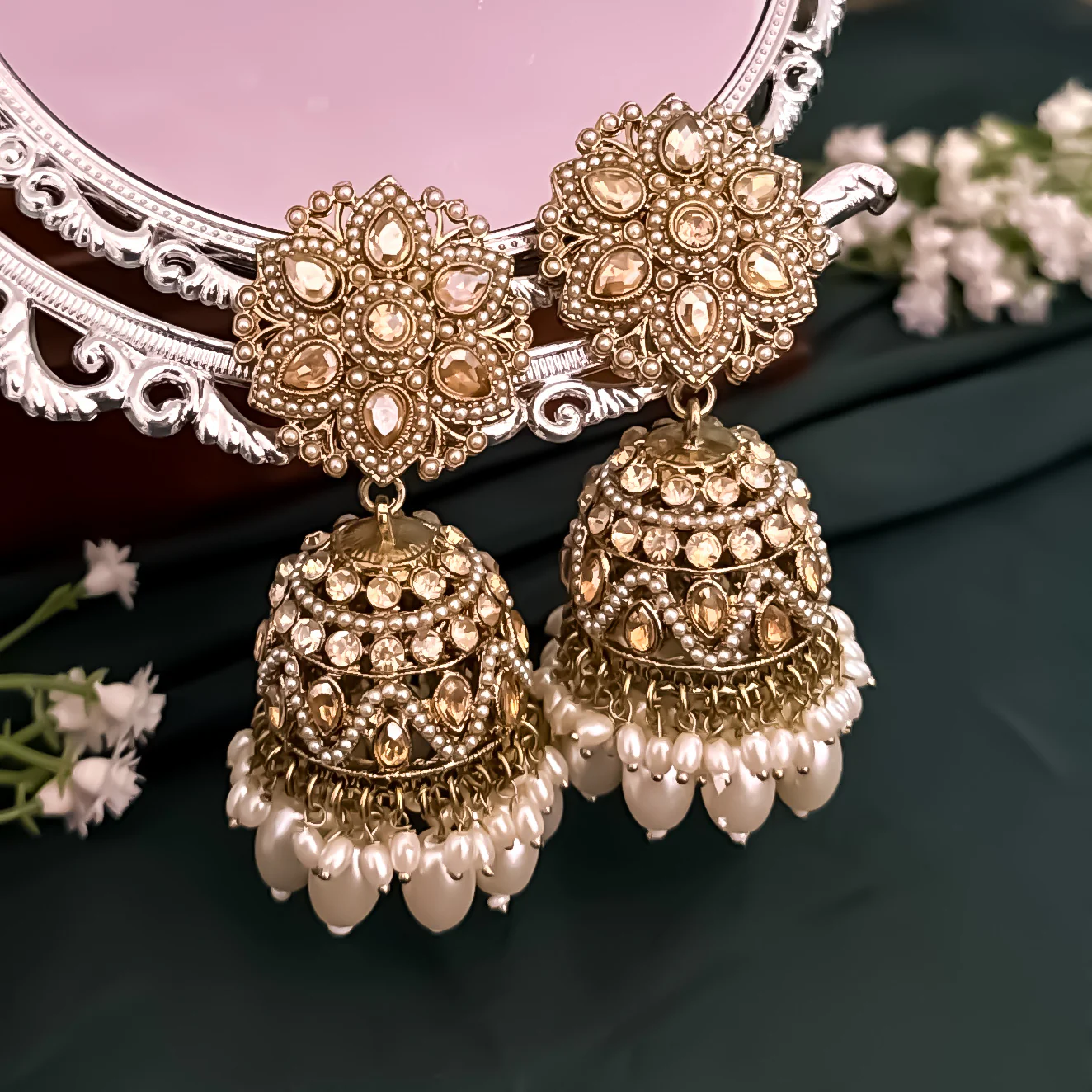 Varuna Jadau Reverse AD Jhumka & Teeka Set - Golden - Image 2