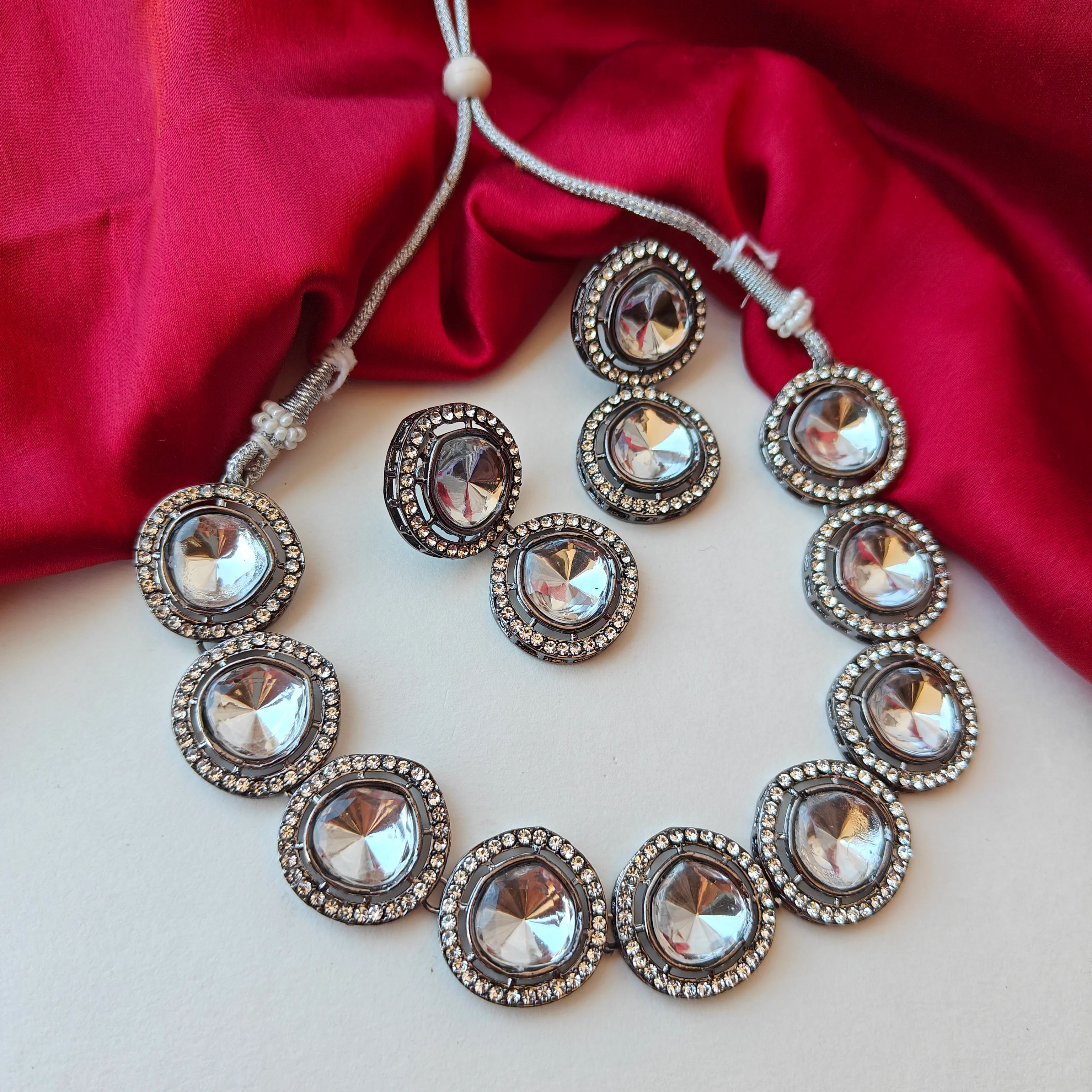 Vipasa Black Metal Polki Look Alike Necklace Set with Earrings - Image 4