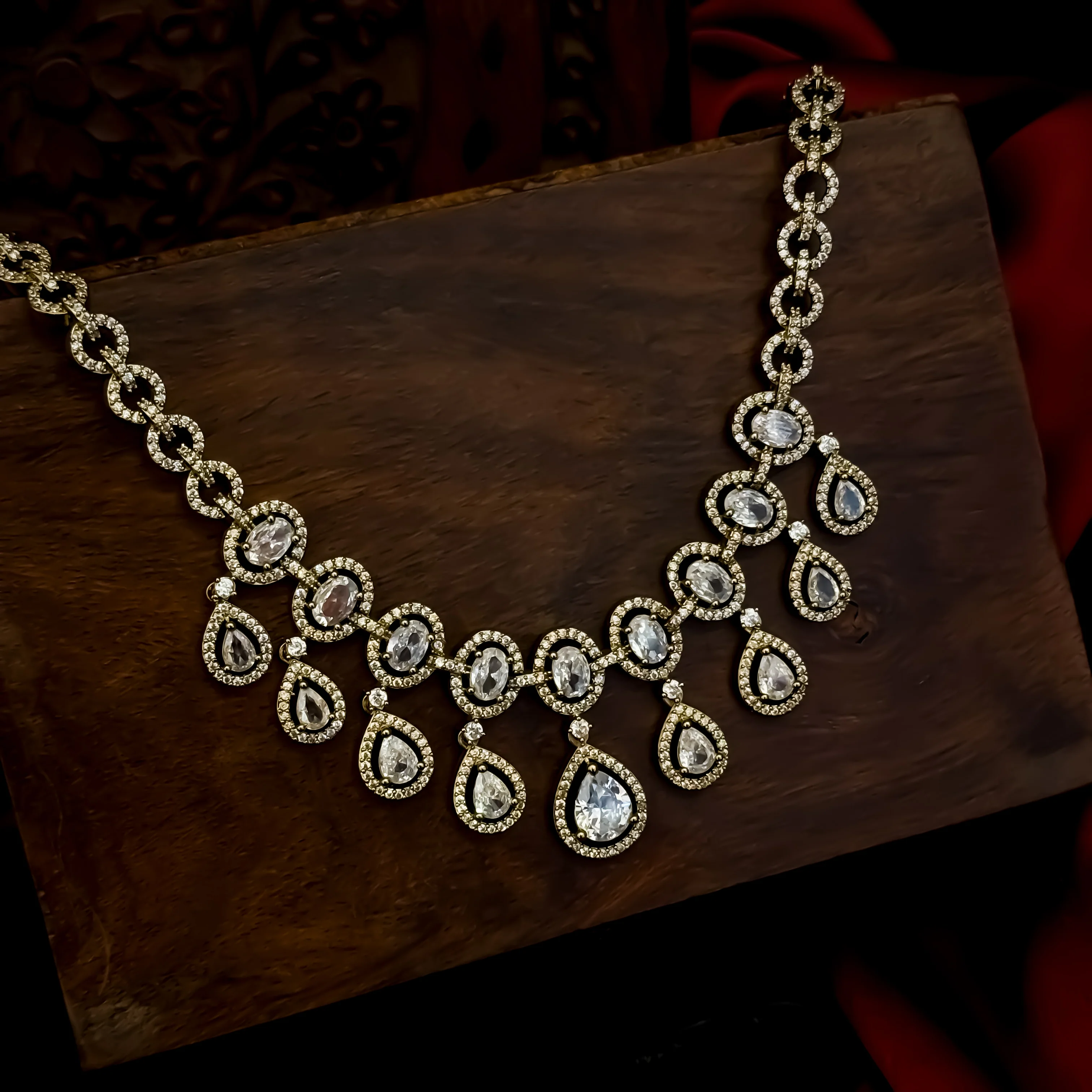Yamina American Diamond Drop Necklace Set- Golden - Image 2