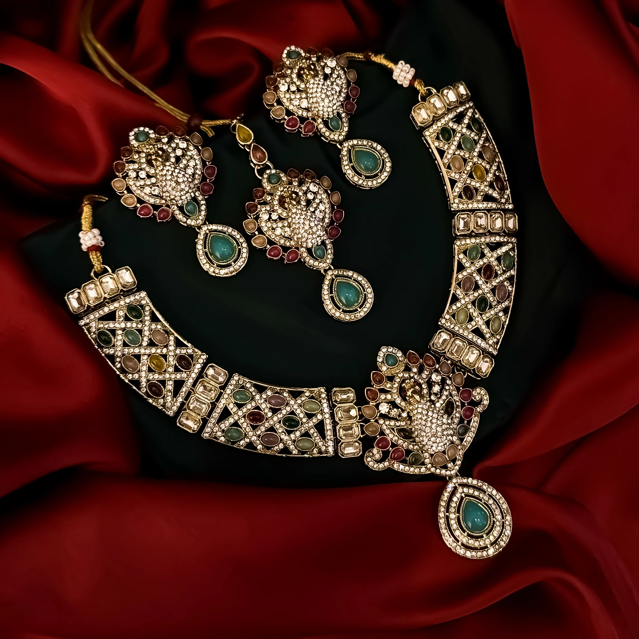 Yasmin Peacock Reverse AD Necklace Set - Multi