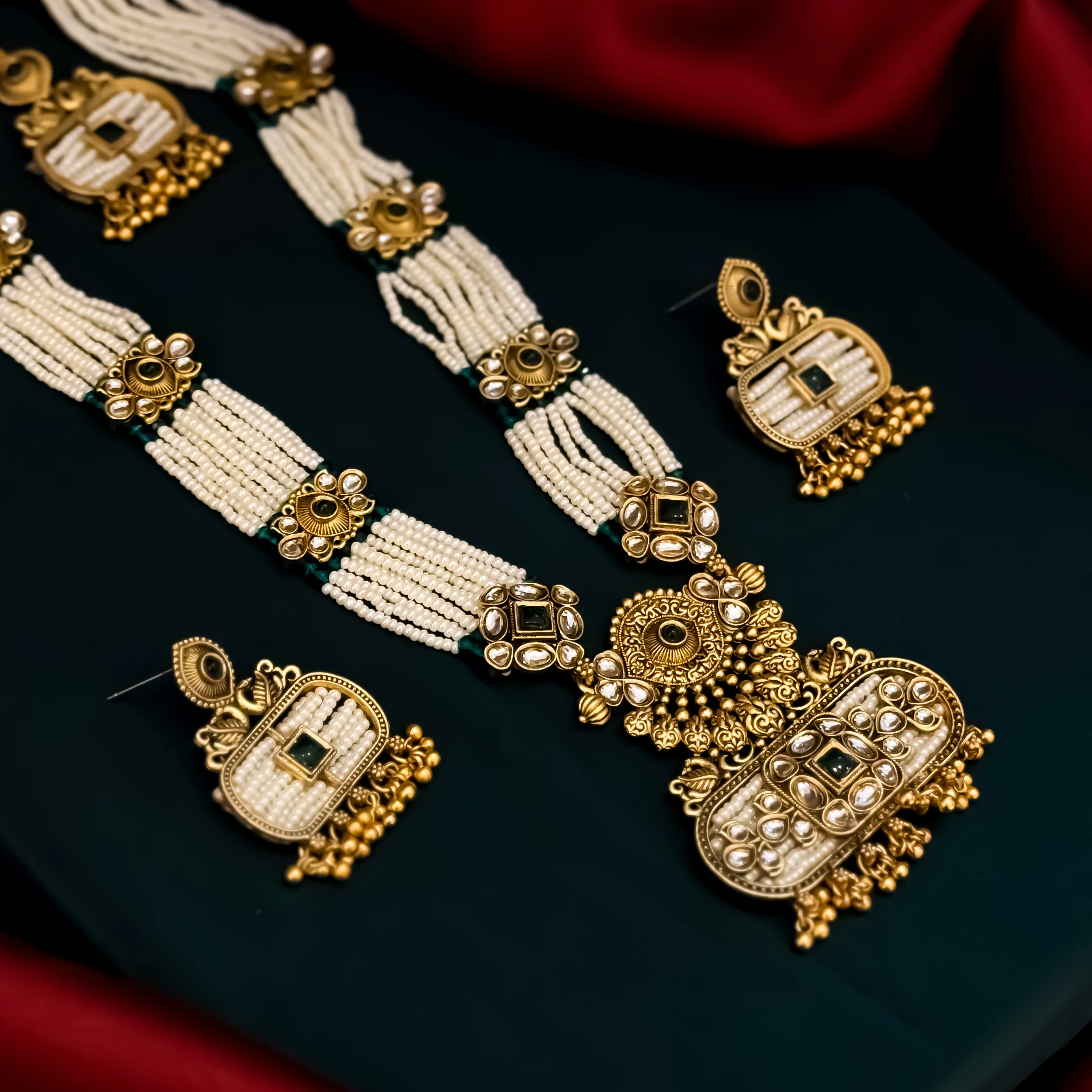 Kinjal Rajwadi Long Necklace Set - Green - Image 2